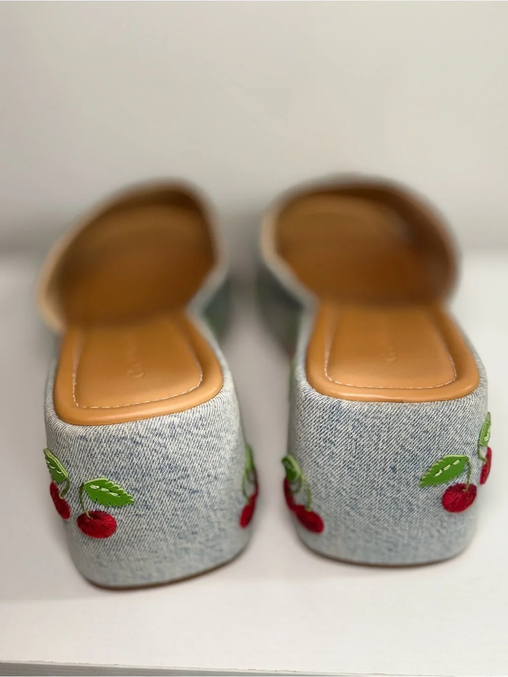 Coach Denim Slide Wedge Mules with Red Cherry Embroidery NWB